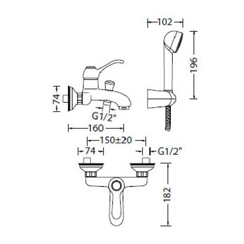 Miscelatore vasca esterno completo di doccetta e flessibile 150 cm Dod