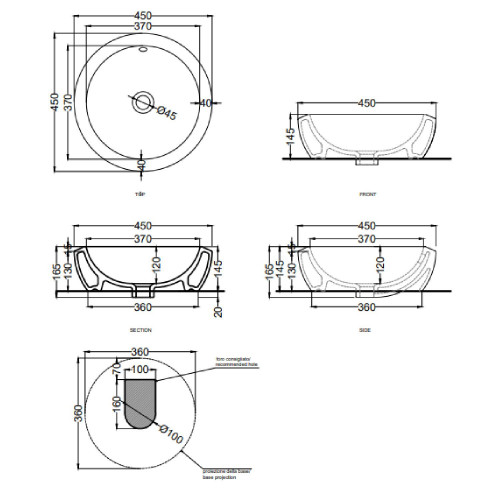 Lavabo da appoggio con troppo pieno fluid 45x45x14,5 cm bianco lucido