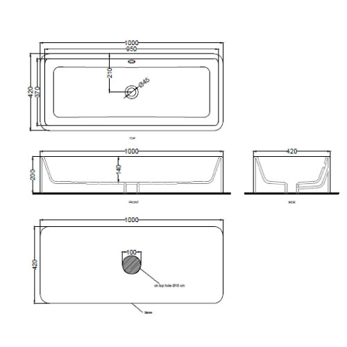 Lavabo da appoggio rettangolare con troppo pieno Shui 100x42x20 cm bia