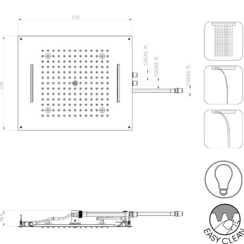 Soffione doccia a 3 getti con cromoterapia 57x47 cm Dream Rectangular