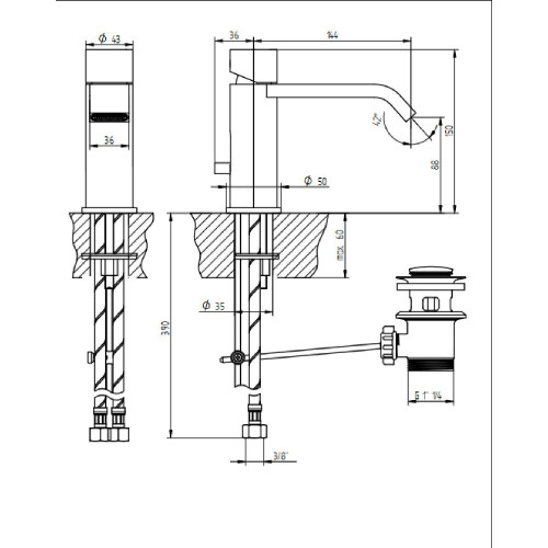Miscelatore lavabo monoforo bocca prolungata e scarico M-Uno cromo – B