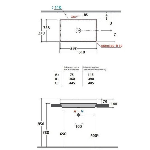 Lavabo da Incasso 61x37 cm T-Edge Bianco Lucido - Ceramica Globo