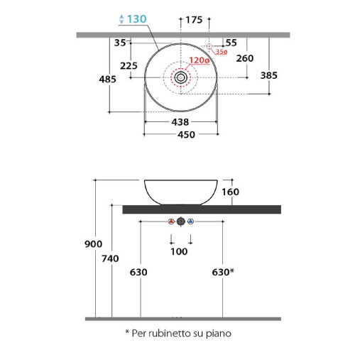 Lavabo tondo da appoggio T-Edge bianco lucido - Globo Design e Qualità