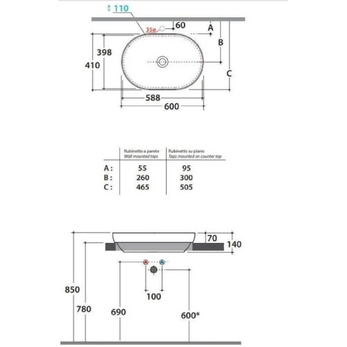 Lavabo da incasso/appoggio 60x41 cm T-Edge bianco lucido | Globo