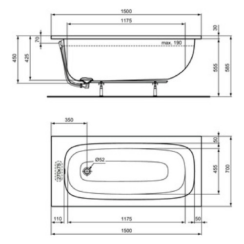 Vasca rettangolare da incasso 150x70 cm I Life bianco lucido | Ideal S