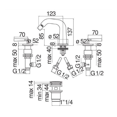 Rubinetto bidet 3 fori Likid cromo Nobili con piletta click-clack