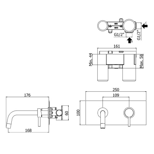 Miscelatore lavabo incasso 178 mm con piastra nero opaco  - Paffoni