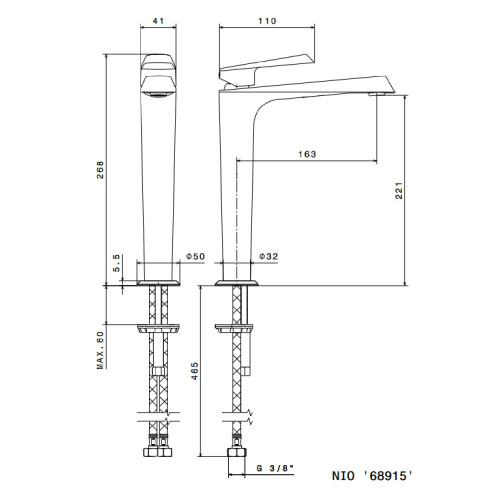 Miscelatore lavabo monocomando alto senza scarico cromo spazzolato Nio
