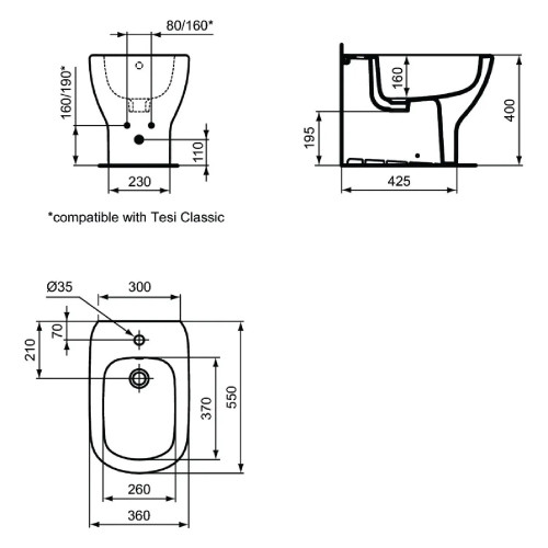 Bidet a Terra Filo Muro Tesi 55x36 cm Bianco Opaco - Ideal Standard