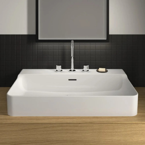 Lavabo da appoggio/sospeso rettangolare 80x45 cm con troppopieno e 3 f