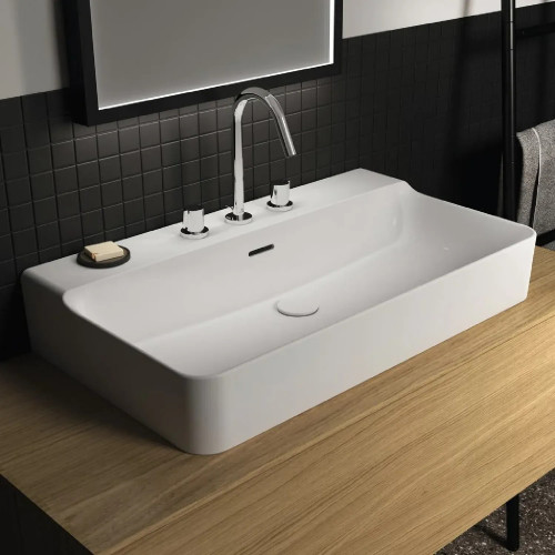 Lavabo da appoggio/sospeso rettangolare 80x45 cm con troppopieno e 3 f