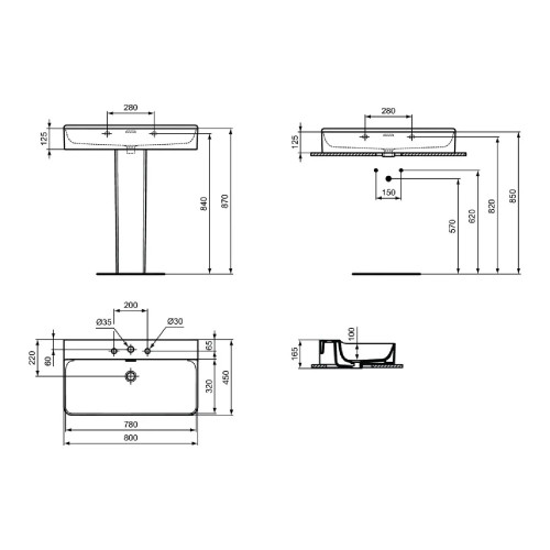 Lavabo da appoggio/sospeso rettangolare 80x45 cm con troppopieno e 3 f