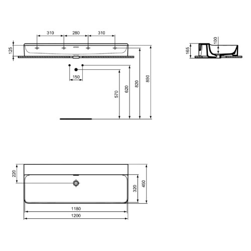 Lavabo da Appoggio Rettangolare 120x45 cm Conca Bianco Lucido - Ideal