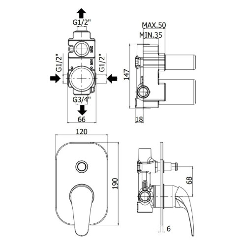 Miscelatore incasso doccia 2 uscite Duemila cromo - Paffoni