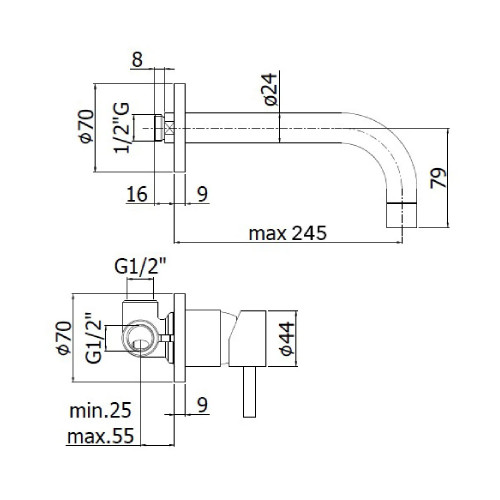 Miscelatore incasso lavabo a parete 24,5 cm senza piastra Stick cromo