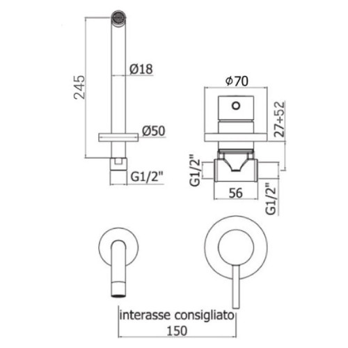 Miscelatore incasso lavabo 24,5 cm senza piastra Light nero opaco - Pa