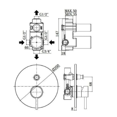 Miscelatore incasso doccia con deviatore 2 vie Light nero opaco - Paff