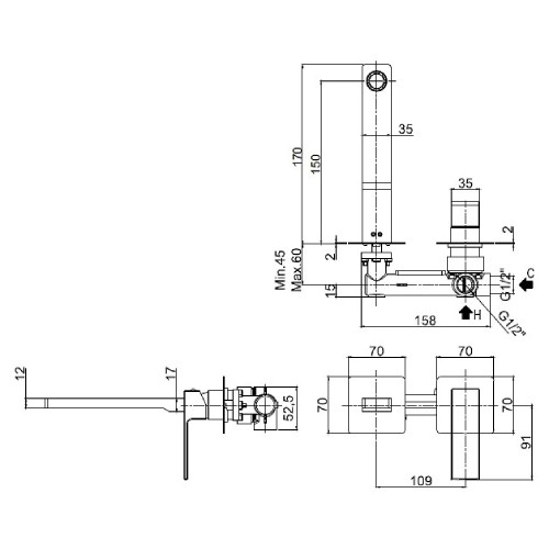 Miscelatore incasso lavabo a parete 15 cm senza piastra Elle cromo - P