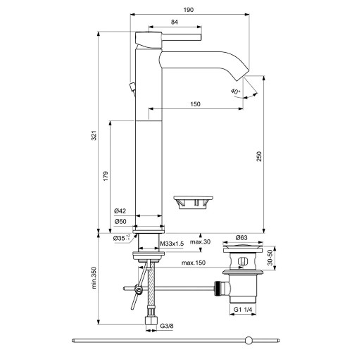 Miscelatore monocomando Ceraline nero opaco con asta e scarico - Ideal