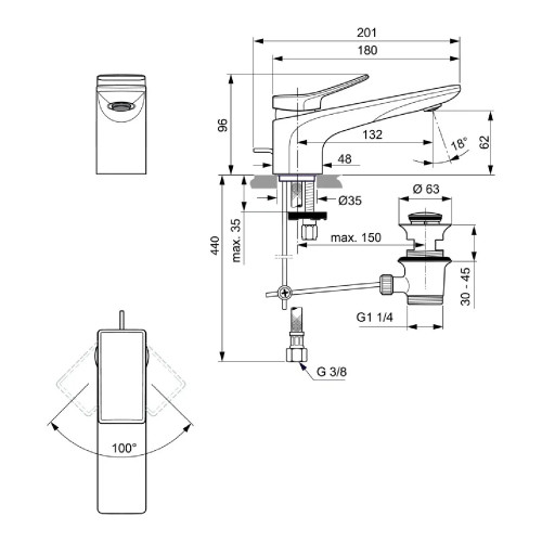 Miscelatore monocomando lavabo Conca con scarico silver storm - Ideal