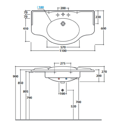 Lavabo sospeso 110x60 cm Paestum bianco lucido - Globo | Design elegan