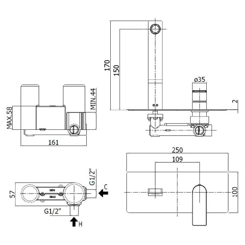 Miscelatore incasso lavabo 15 cm a muro con piastra Tango cromo - Paff