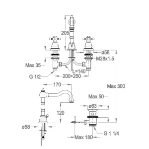 Rubinetto per lavabo a tre fori Melrose20 con scarico e salterello cro 2