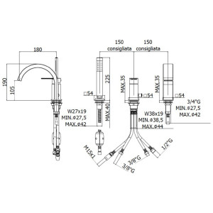 Miscelatore per bordo vasca con deviatore e con bocca di erogazione Ri 2