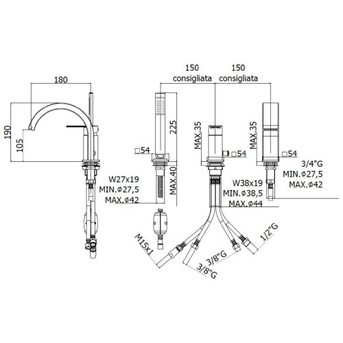 Miscelatore per bordo vasca con deviatore e con bocca di erogazione Ri