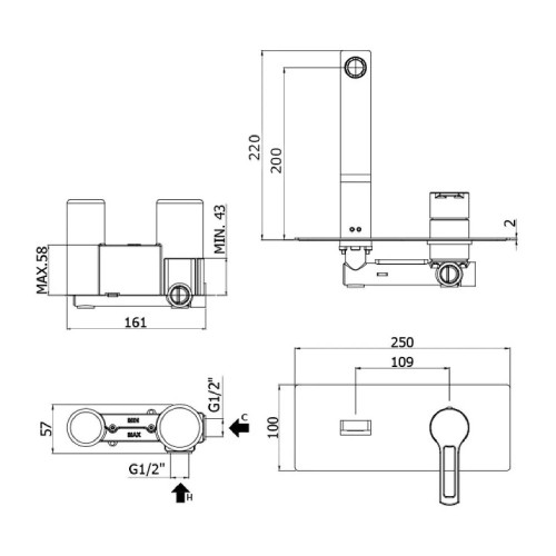 Miscelatore per lavabo incasso a parete L.20 cm Ringo nero opaco - Paf