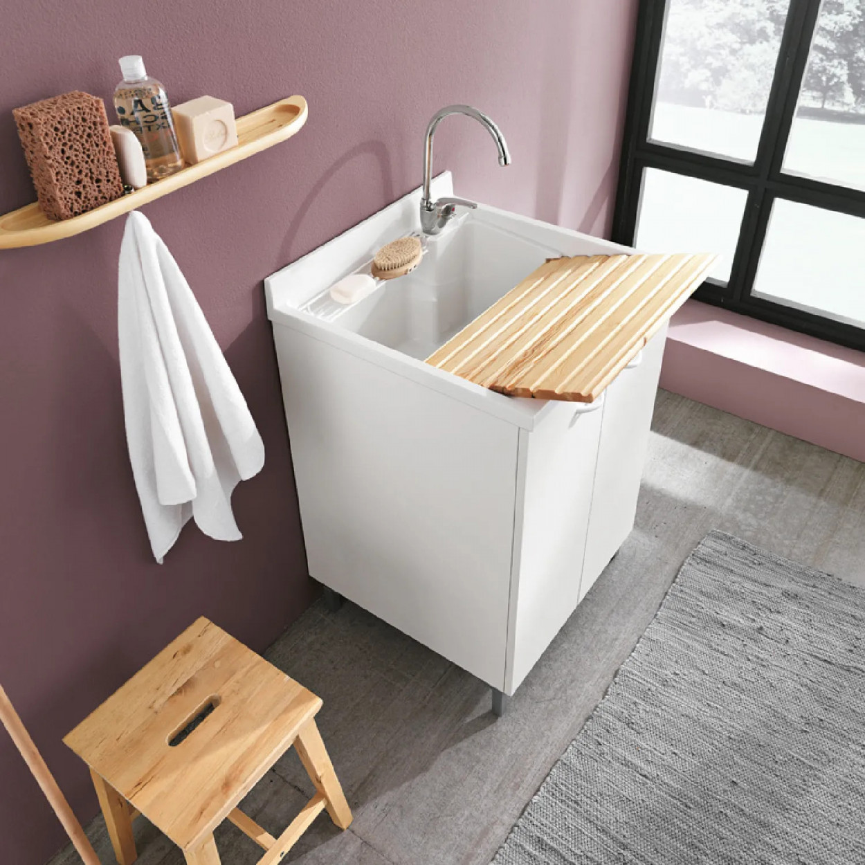 Mobile con lavatoio e asse in legno Prima 78x60 cm melaminico bianco o