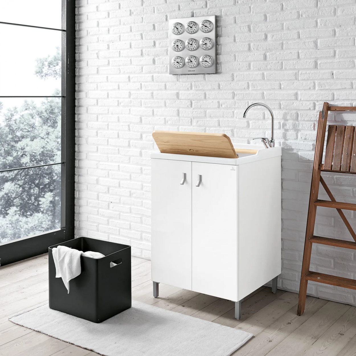 Mobile con lavatoio e asse in legno Smart 60x60 cm melaminico bianco -