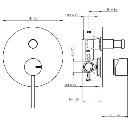 Miscelatore per vasca/doccia ad incasso con deviatore 2 uscite Mini-B