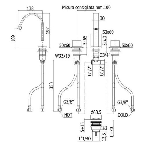 Rubinetto per lavabo 3 fori con scarico clic-clac Level cromo - Paffon
