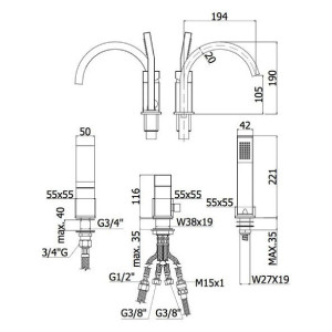 Miscelatore per bordo vasca 3 fori con doccetta Level cromo - Paffoni 2