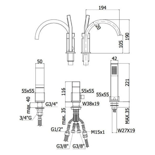 Miscelatore per bordo vasca 3 fori con doccetta Level cromo - Paffoni