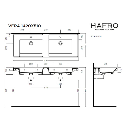 Lavabo consolle Vera 142x51 cm bianco lucido - Hafro