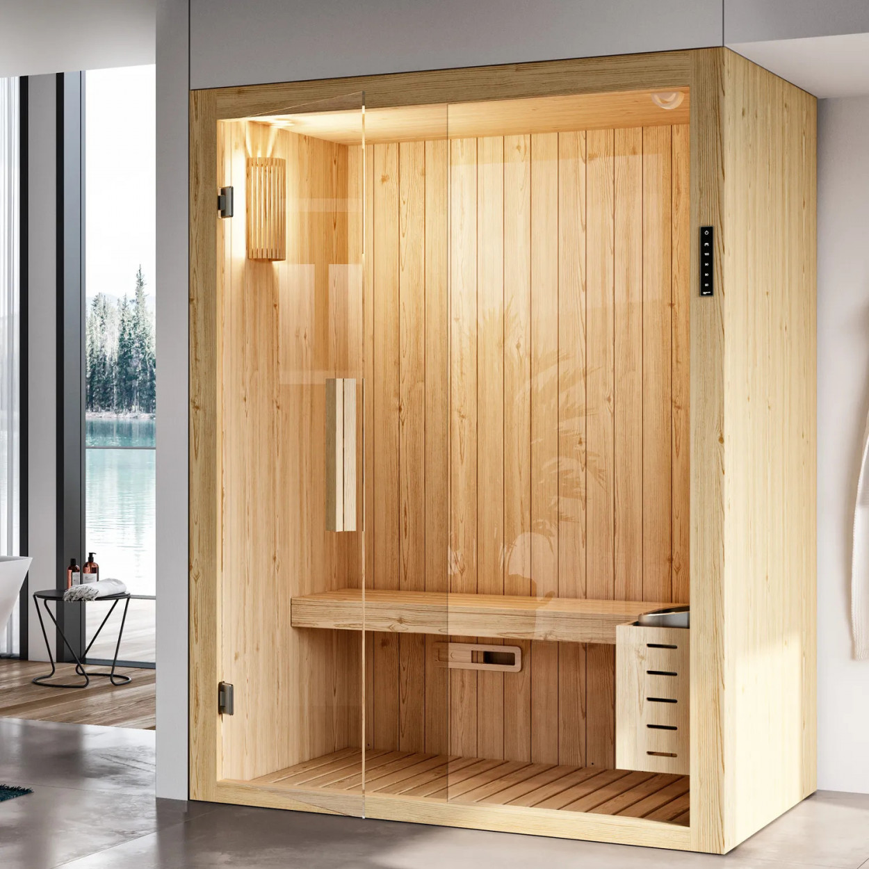 Sauna Kyra 156x120x204h cm versione sinistra in abete snodato –Saunavi