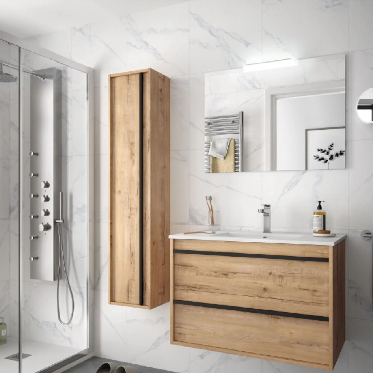 Mobile bagno sospeso 80 cm in legno rovere ostippo con lavabo a incass