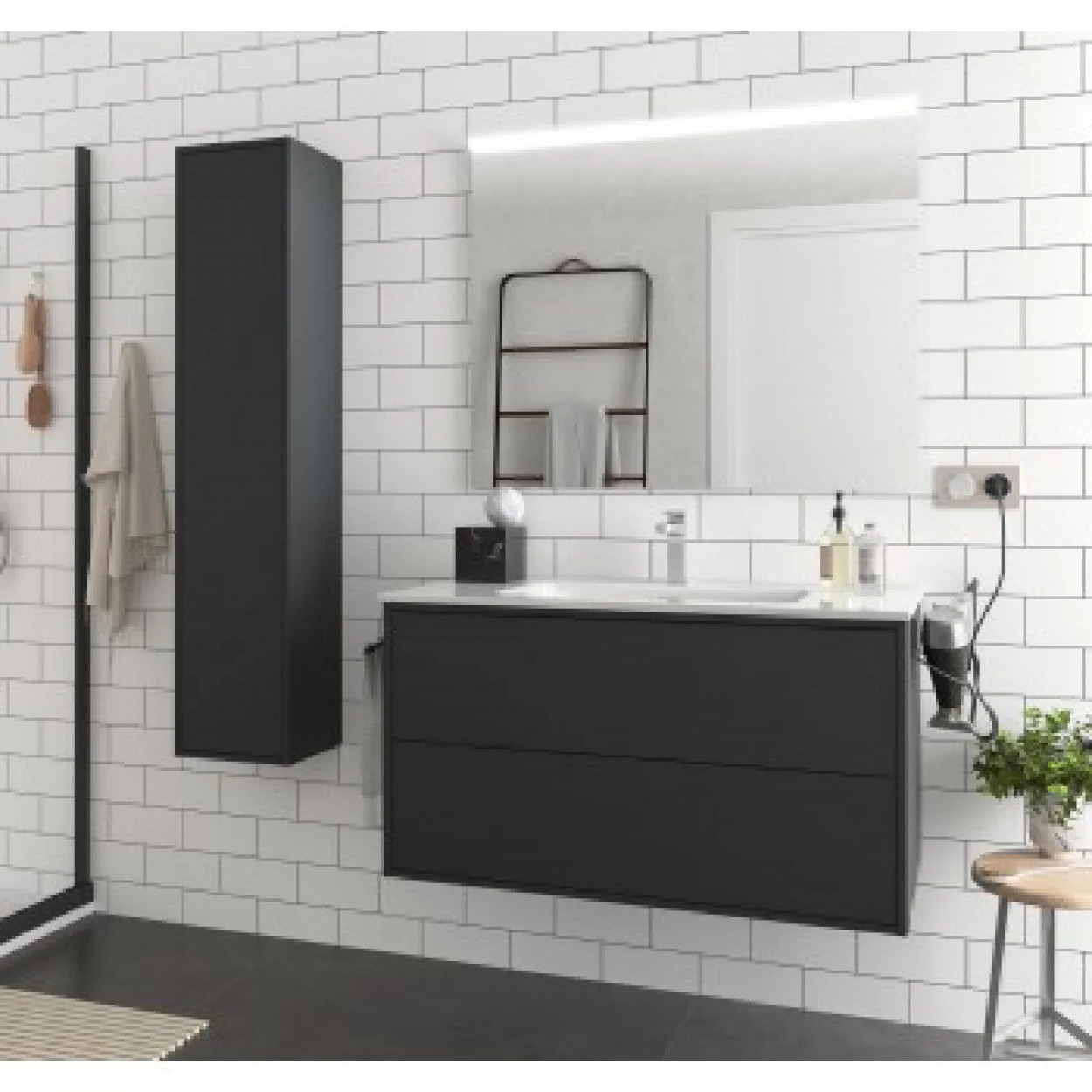 Mobile bagno sospeso 100 cm in legno nero opaco con lavabo - Ophelia