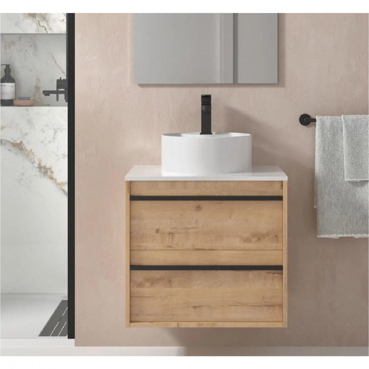 Mobile bagno sospeso 60 cm in legno rovere ostippo con lavabo - Atelie