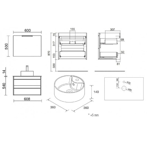 Mobile bagno sospeso 60 cm in legno rovere ostippo con lavabo - Atelie