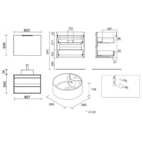 Mobile bagno sospeso 80 cm in legno rovere ostippo con lavabo - Atelie
