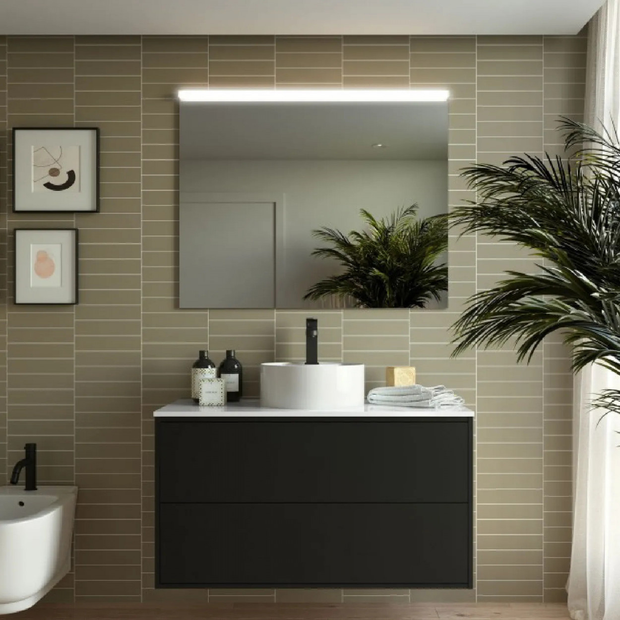 Mobile bagno sospeso 100 cm in legno nero opaco con lavabo - Atelier