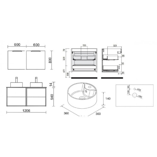 Mobile bagno sospeso 120 cm in legno nero opaco con doppio lavabo - Op