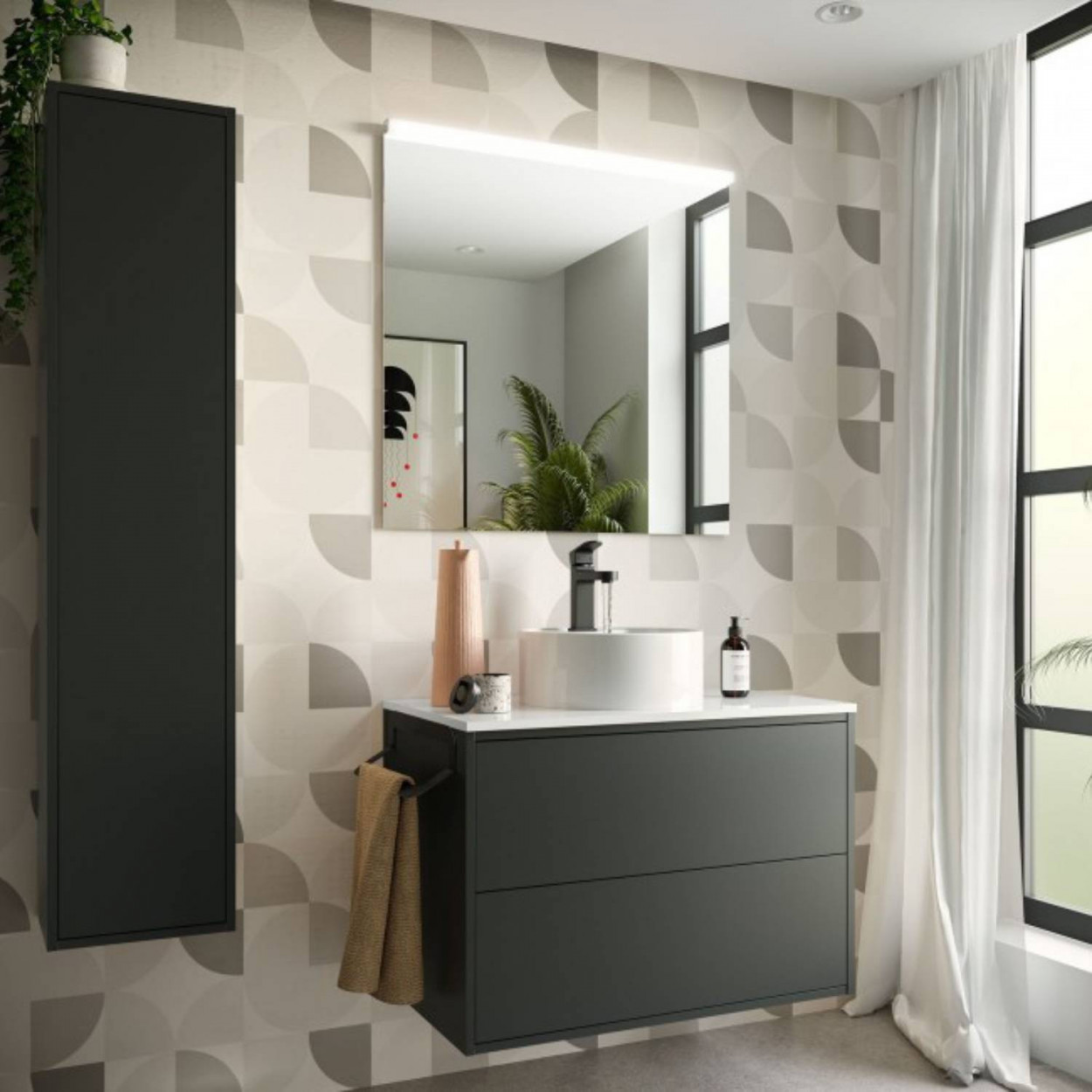 Mobile bagno sospeso 80 cm in legno nero opaco con lavabo - Ophelia