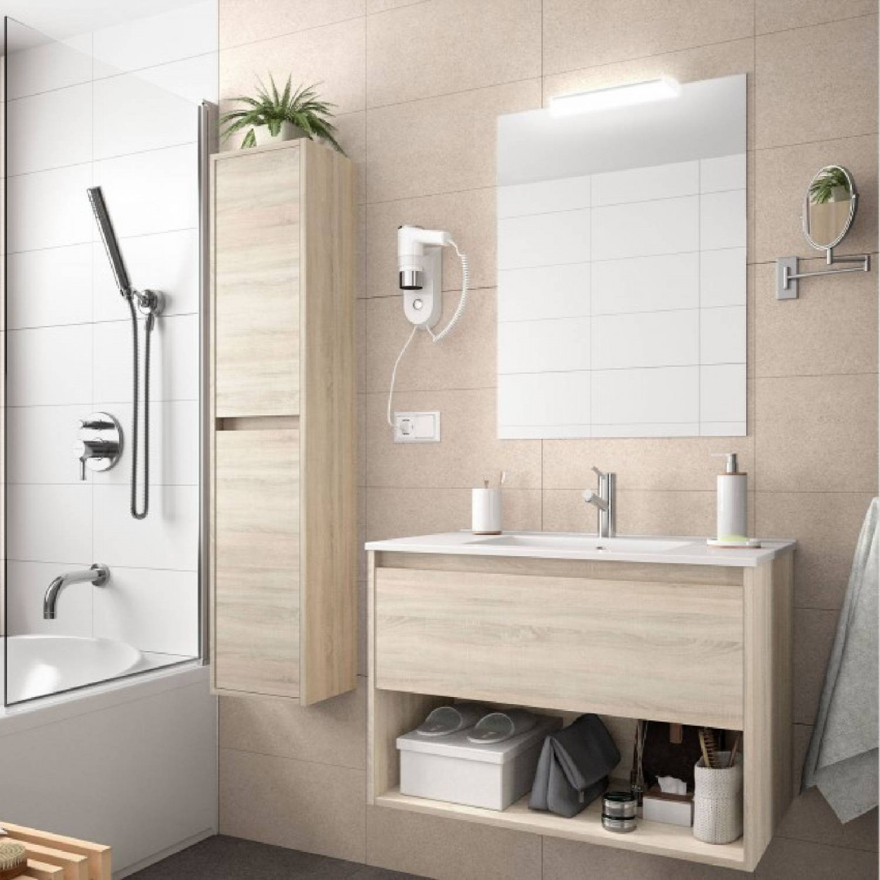 Mobile bagno sospeso 60 cm in legno rovere caledonia con lavabo a inca