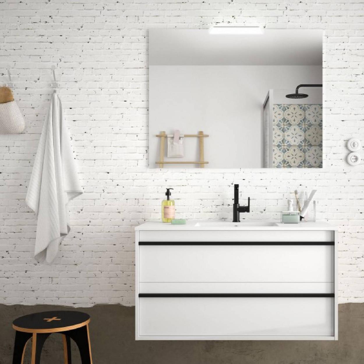 Mobile bagno sospeso 100 cm in legno bianco opaco con lavabo a incasso