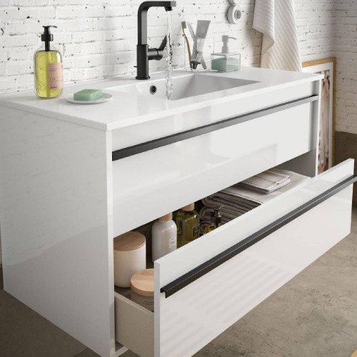 Mobile bagno sospeso 100 cm in legno bianco opaco con lavabo a incasso