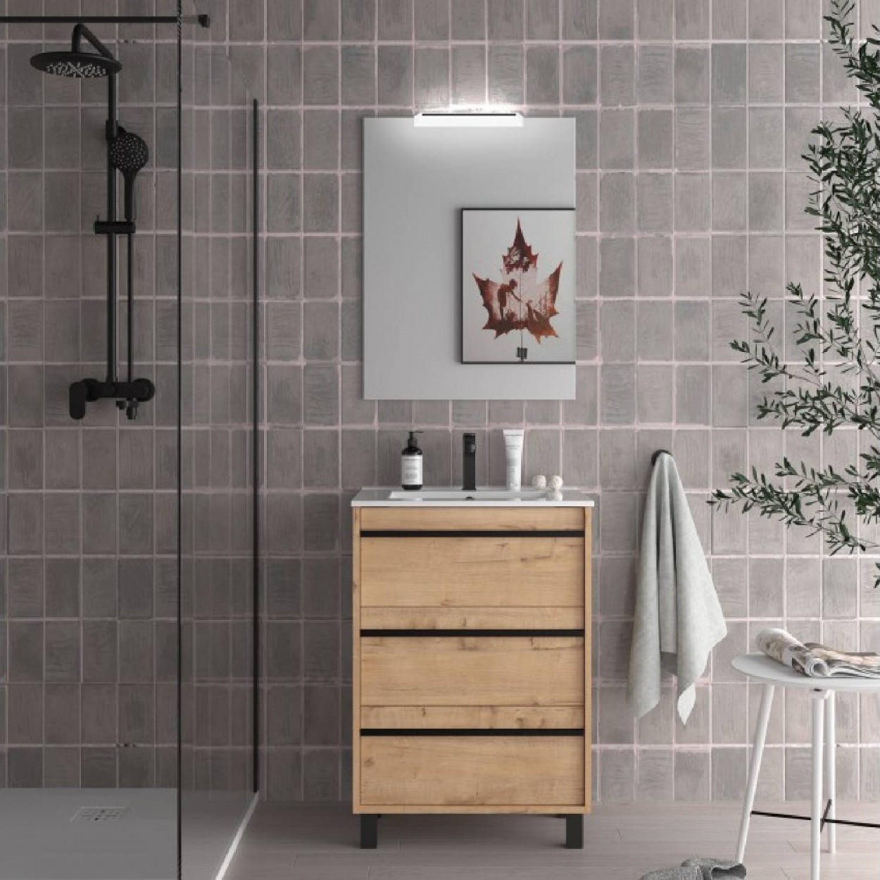 Mobile bagno a terra 60 cm in legno rovere ostippo con lavabo - Atelie